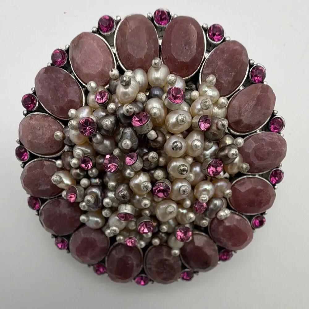 Silver Tone Pink Rhinestone Faux Pearl Round Cluster Brooch Pin 1.75 in